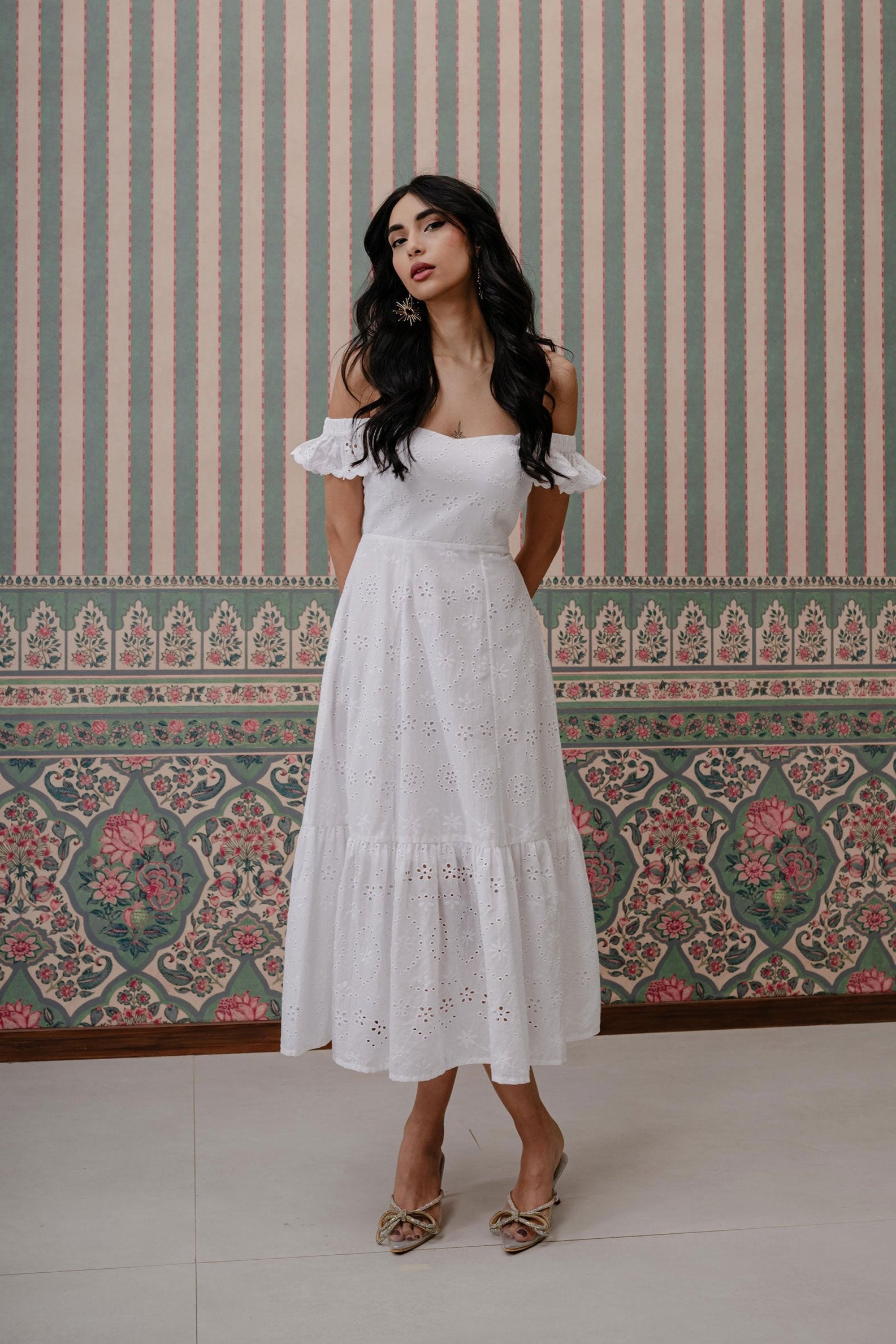 cersei cotton midi dress Cersei Off Shoulder Midi Dress (White)