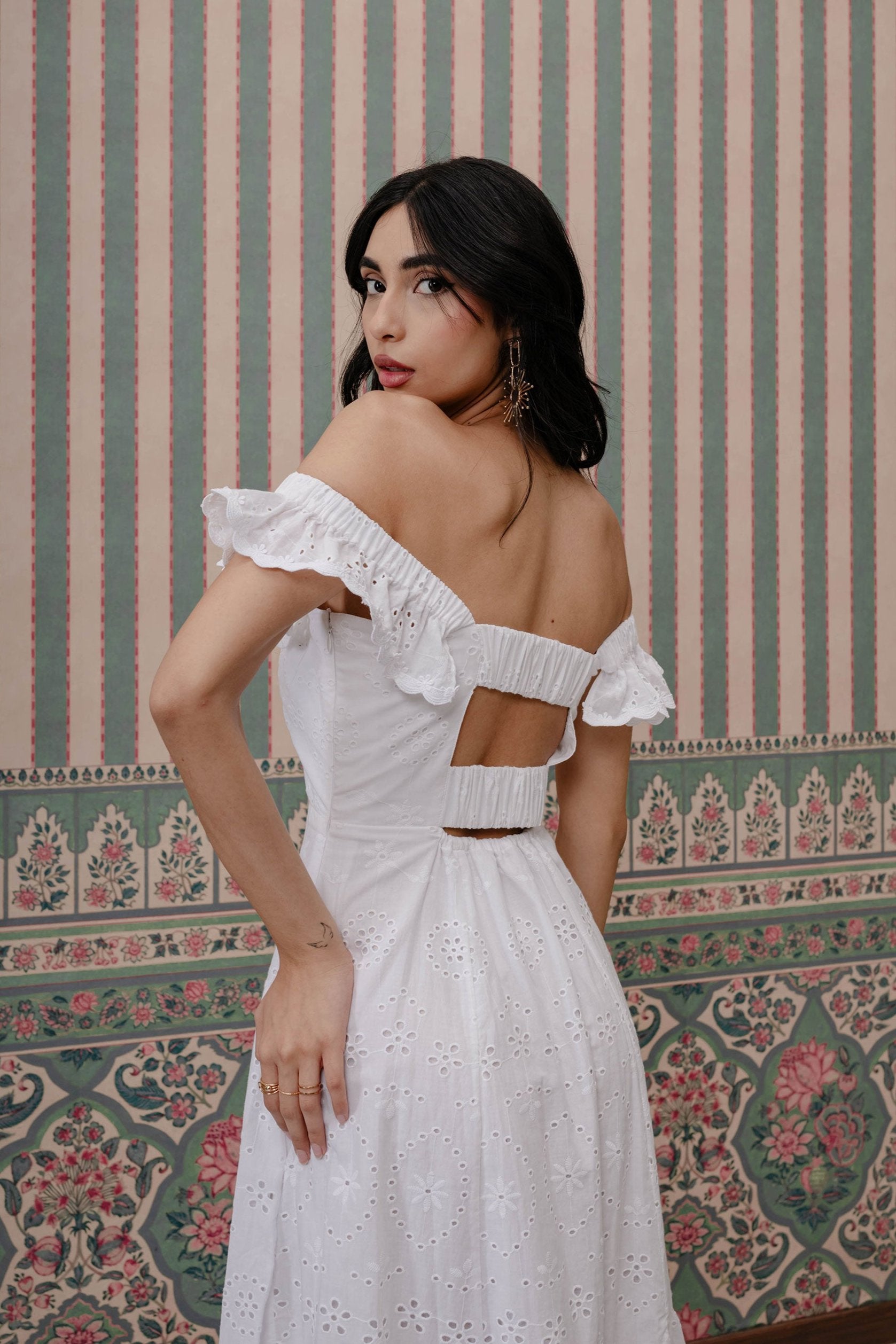 cersei cotton midi dress Simkhai Women's Cersei Off-the-Shoulder Midi-Dress - White Black Multi